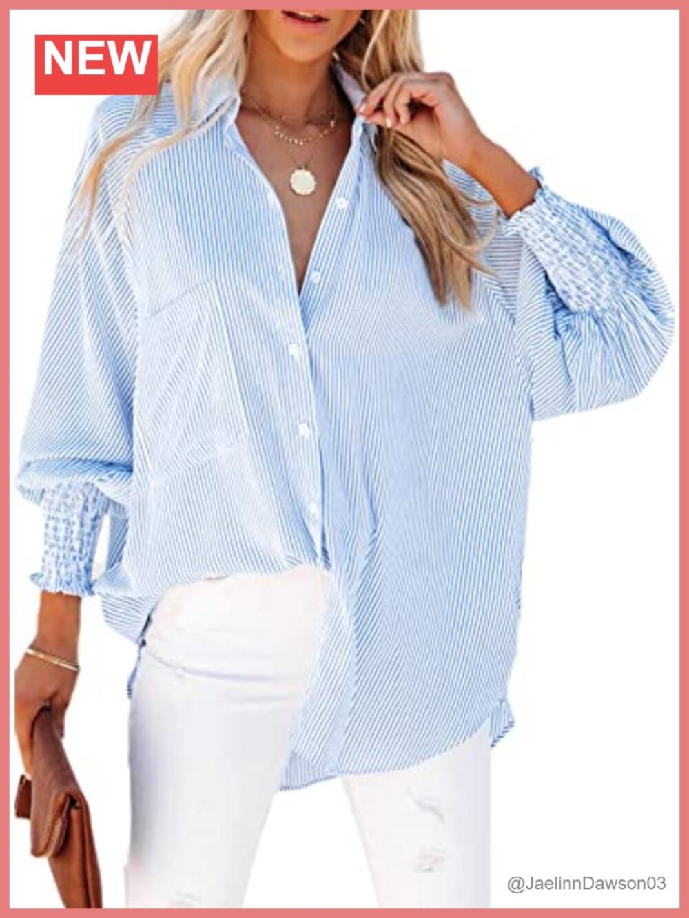 Womens Button Down Blouse Striped Smocked Cuffed Oversized Shirt